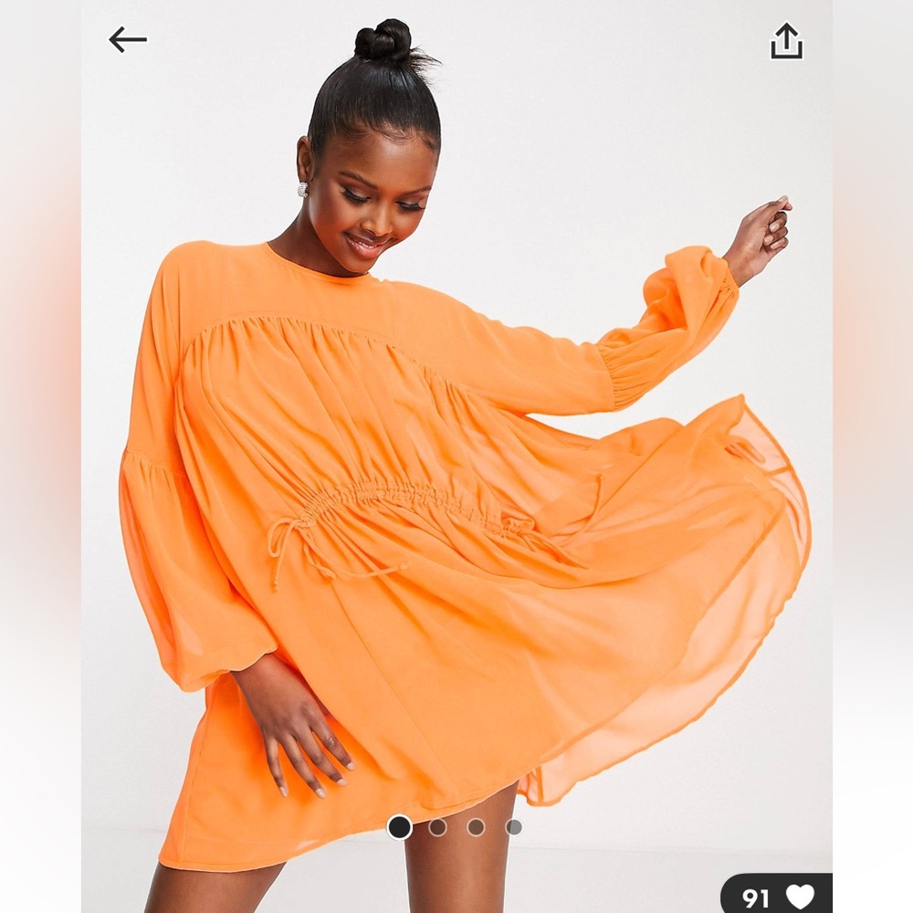 ASOS oversized mini smock dress with gathered waist in ORANGE